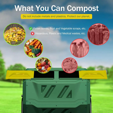 Infographic on composting items above a Large 43 Gallon Compost Tumbler Bin With Dual Chamber For Continuous Composting