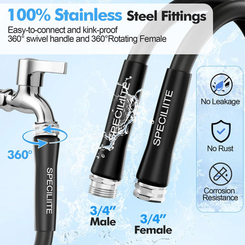 SPECILITE black rubber garden hose, two hoses with 3/4 inch stainless fittings and high-flow nozzle (front view)
