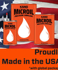 Microil Precision Lubricant for Clocks and Watches, 1 gal, 8 oz, 1 qt sizes, anti rust oil, made in USA, on American flag background