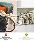 Before and after using Clear Handbag Storage Organizer Kit With 16 S Hooks In 4 Sizes, showing organized and protected bags.