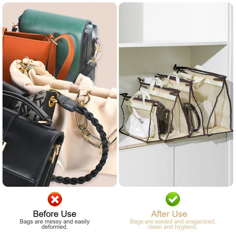 Before and after using Clear Handbag Storage Organizer Kit With 16 S Hooks In 4 Sizes, showing organized and protected bags.