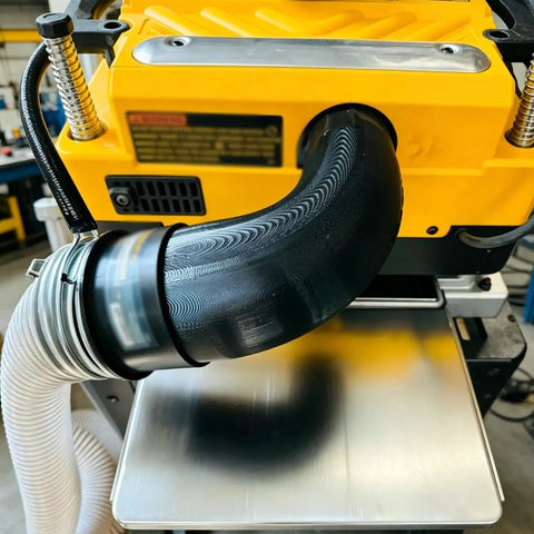Dust Port Adapter Compatible With Dewalt Dw735 Wood Planer converts outlet to 4 inch hose, 90 degree elbow close-up.