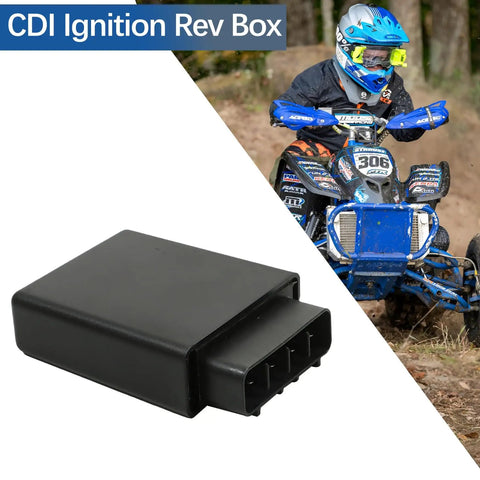 Black CDI Ignition Box Replacement for 650 H1 ATV 2006 2007 2008 2009 0824-038 next to ATV rider in gear