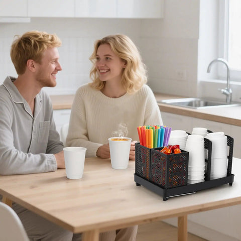 Kitchen scene with Six-Compartment Cup And Lid Holder For Countertop With Straw Holder Tough Plastic Coffee Cup Rack For 10-22oz Paper Cups