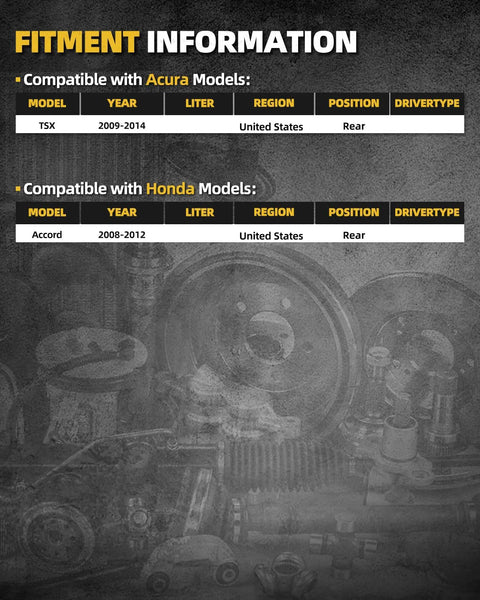 Fitment information for Pair Rear Wheel Bearing Hub Assembly For Honda Accord 2008 To 2012 And Acura TSX 2009 To 2014 With ABS.