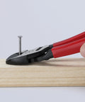 High Leverage Angled Diagonal Cutters 8 Inch, Forged On Axle cutting a nail on wood, showcasing heavy duty performance