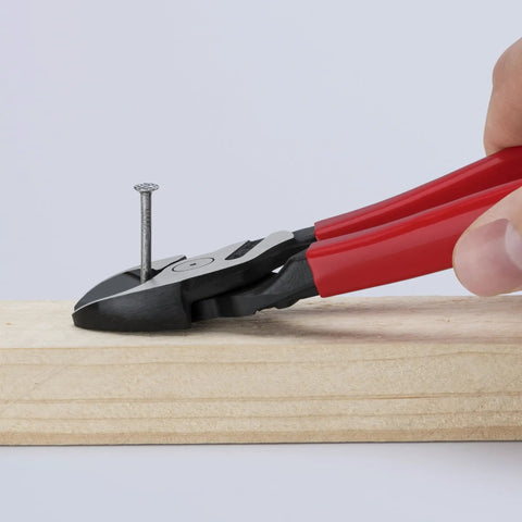 High Leverage Angled Diagonal Cutters 8 Inch, Forged On Axle cutting a nail on wood, showcasing heavy duty performance