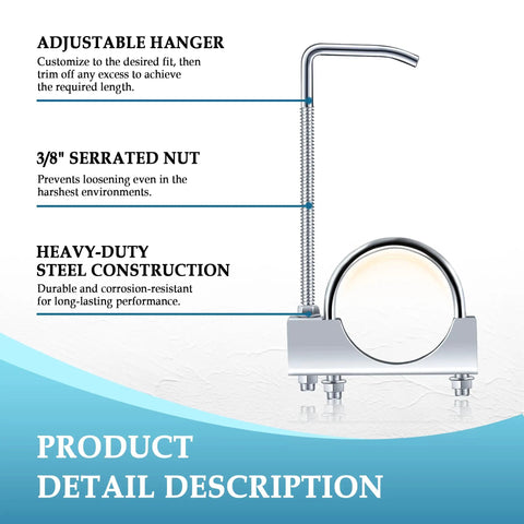 2.5 Inch Exhaust Clamp With Hanger For Heavy Duty Support and serrated nuts, steel construction details shown