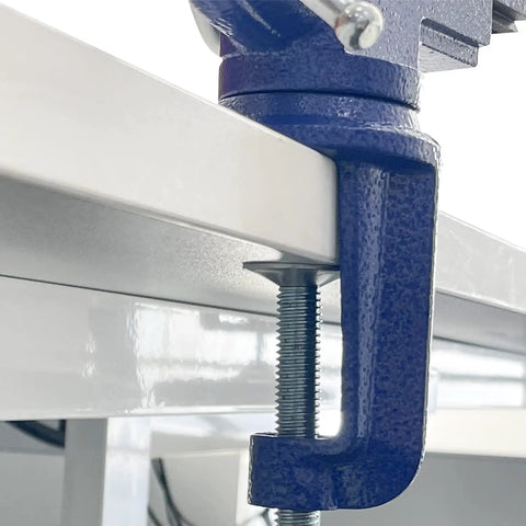 Heavy Duty 2.5 Inch Bench Vise Clamp-On Table Vise With 360 Degree Swivel Base For Woodworking Metalworking Drilling And Cutting, side clamp view on table