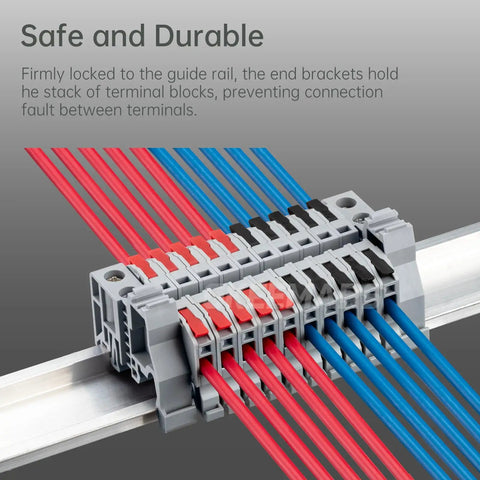 DIN Rail Terminal Block End Stopper Set, Built To Last, Screw Clamp Type End Brackets For 35mm Wide Rails in use