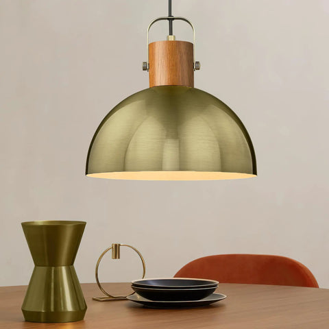 Dome Pendant Light With Rubber Wood Stem And Brushed Brass Shade 12 Inch Vintage Industrial Vibe For Kitchen Island Farmhouse Dining