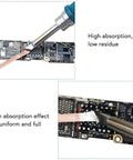 Desoldering Pro Grade Solder Wick Braid Red Copper in use for tin removal on motherboard, shows high absorption, low residue