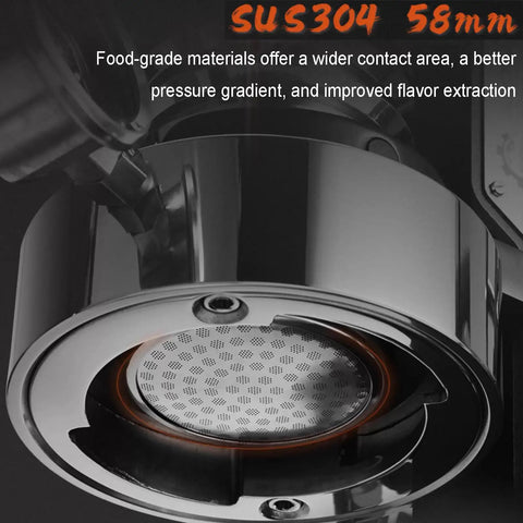 Close-up of 58mm stainless steel brewing head for Level Up Your Coffee Game With This Dope Hand Cranked Espresso Machine.