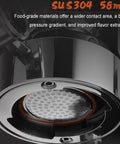 Close-up of 58mm SUS304 steel portafilter in hand cranked espresso maker, highlighting improved flavor extraction features.