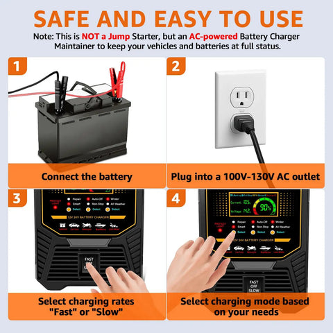 Kick Your Dead Battery Back In Gear With This Heavy Duty 12V 24V Smart Charger 0 To 15 Amps Automatic Trickle Maintainer Auto Shutoff For Agm Gel Deep Cycle Batteries charging instructions with battery and charger panel