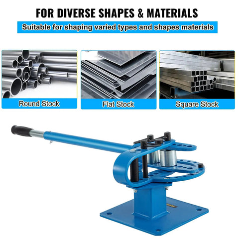 Manual Pipe Bending Machine for 1 to 3 inch tubes, shown with round, flat, and square stock, ideal for steel fabrication.