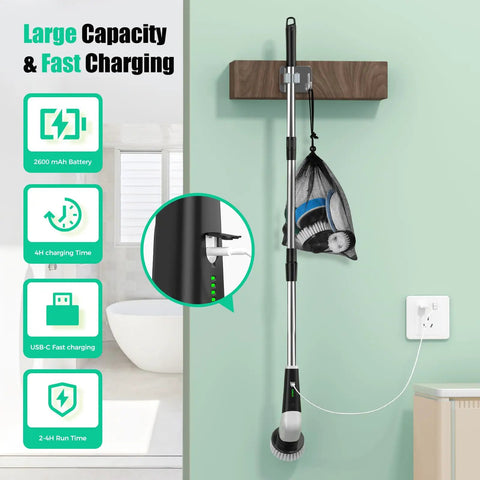 Electric Spin Scrubber Cordless Power Cleaning Brush With Long Handle And 8 Interchangeable Heads For Tub, Tile, Floors, Grout, Glass, Sinks, Corners And Car Wheels Two Speeds Up To 480 RPM Perfect For Tough Grime, wall-mounted with charger