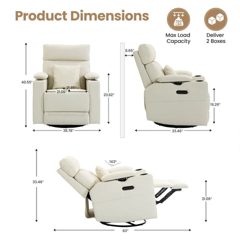 Dimensions of Electric Swivel Nursing Rocker With Adjustable Armrests And Headrest, Glider Nursery Chair For Breastfeeding