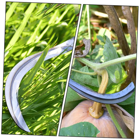 Close-up of Beast Steel Reaping Hook For Gardening 2-Piece Set with ergonomic handle, cutting through grass and vines.