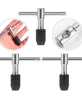 Three Piece Adjustable Ratcheting Tap Wrench Set With Detachable Bar For Handy One Hand Operation Durable Steel For Drills Taps Reamers And Manual Threading, 3-piece steel set