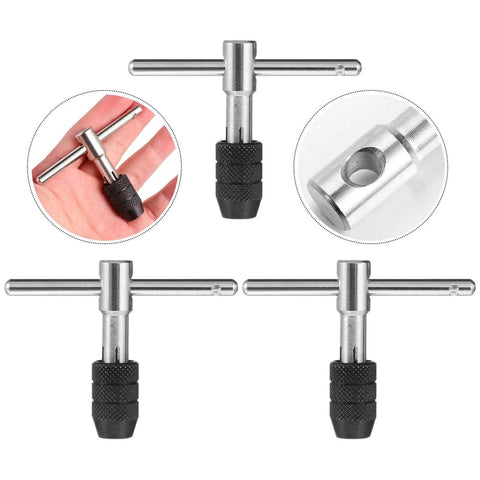Three Piece Adjustable Ratcheting Tap Wrench Set With Detachable Bar For Handy One Hand Operation Durable Steel For Drills Taps Reamers And Manual Threading, 3-piece steel set