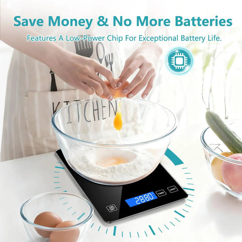 Person using the Digital Kitchen Scale for precise measurements in grams and ounces, with rechargeable 33 pound 15 kilogram capacity