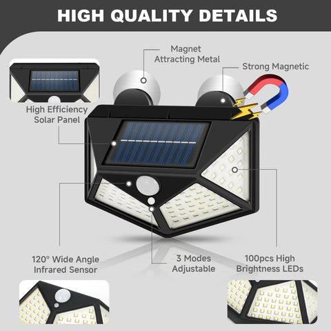 Magnetic Solar RV Light With Motion Sensor For Camper And Motorhome 100 LED Exterior Porch Light Waterproof Outdoor Trailer Light Easy No Drill Mount With 2 Strong Magnets 2 Pack showing high efficiency solar panel and 100 LEDs