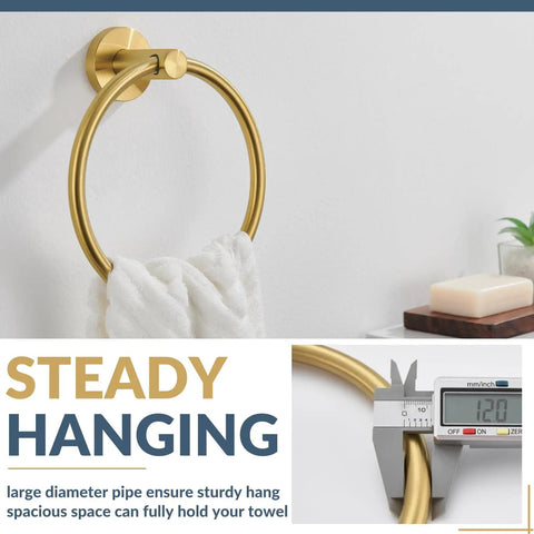 Wall Mounted Brushed Gold Towel Ring Crafted From Solid 304 Stainless Steel Rustproof And Built Tough For Bathroom Decor Or Kitchen Sink Station That Holds Up Under Pressure While Looking Fresh And Making Your Space Pop, featuring a white towel securely hanging.
