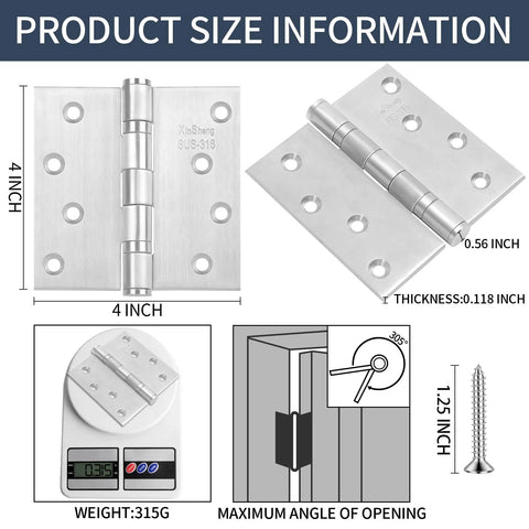 XinSheng 3-pack 4x4 door hinges; 316 stainless steel, heavy-duty ball-bearing for interior/exterior outswing doors.