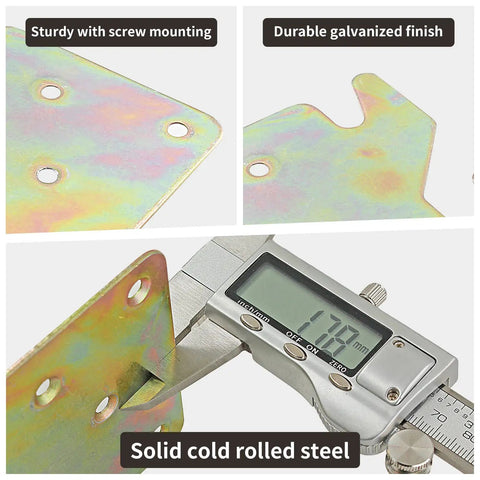 Top Shelf Galvanized Bed Rail Hook Plates And Tight Fitting Brackets For Hardcore Daily Grind Solid Bed Frame Mounting Hardware With Screws Included showing galvanized clips and measuring tools.