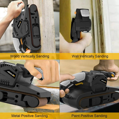 7 Amp 3x21 Inch Belt Sander with variable speed sanding wood, walls, metal, and paint demonstrating versatility.