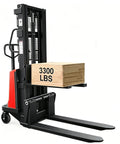 Heavy Duty Electric Pallet Stacker 3300 LB Capacity 94.8 Inch Lift lifting a wooden crate marked 3300 lbs in a warehouse setting.