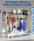 Heavy Duty Garage Wall Organizer System With Six Rails And Twelve Adjustable Hooks, 96 Inch, 20 Pack Tool Storage Rack Holds Up To 720 Lbs, The Workhorse You Need For Rake, Broom, Mop, Snowboard And More displayed in garage with various tools