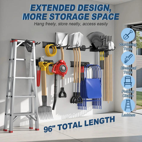 Heavy Duty Garage Wall Organizer System With Six Rails And Twelve Adjustable Hooks, 96 Inch, 20 Pack Tool Storage Rack Holds Up To 720 Lbs, The Workhorse You Need For Rake, Broom, Mop, Snowboard And More displayed in garage with various tools