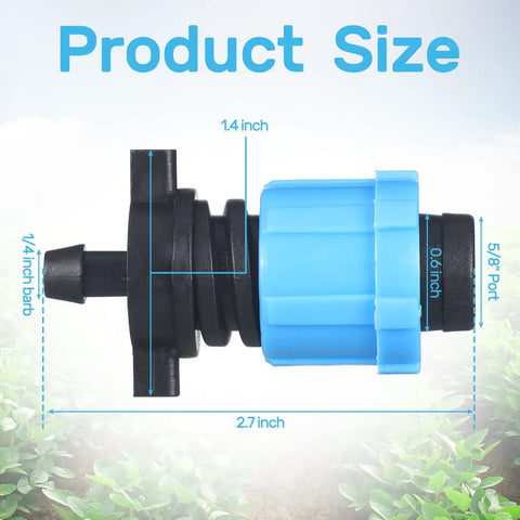 Product size diagram of 50 Piece Drip Irrigation Kit With One Quarter Inch Barb For Five Eighth Inch Drip Tape Twist Lock Fittings Blue PP Plastic.