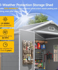6x4 Ft Resin Outdoor Storage Shed With Floor And Window, showing interior with tools, UV resistant, lockable door