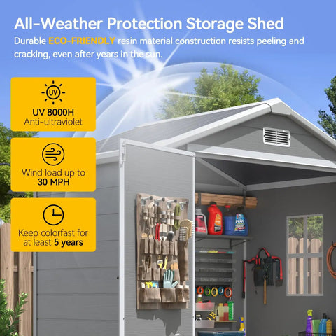 6x4 Ft Resin Outdoor Storage Shed With Floor And Window, showing interior with tools, UV resistant, lockable door