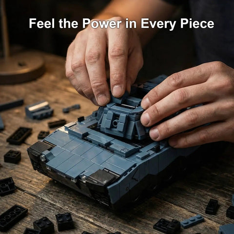 Hands assembling Epic Military RC Abrams-X Tank Beast 2116-Piece Building Set for Adults on a wooden table.