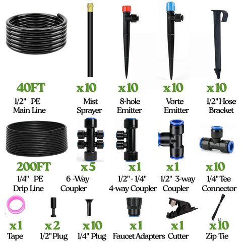 All In One 240Ft Drip Irrigation System For Garden And Yard With Half Inch Quick Connect PE Tubing Automatic Sprinkler Kit components