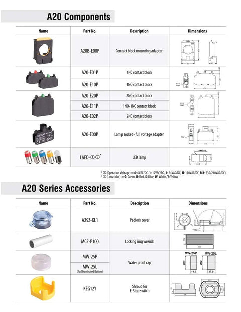 Solid 22mm Push Button Contact Block With Normally Open Switch For Control Panels Heavy Duty Black Accessory That Is The Real Deal And Delivers Straight Up Rock Solid Performance Day After Day, diagram showing A20 components and accessories.