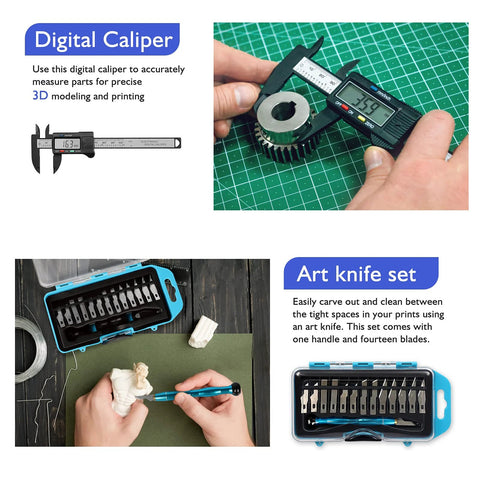 YEETIN 45-piece 3D printer tools kit with digital caliper, deburring tool, art knife set, tube cutter, blue case
