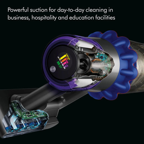 Close-up of V15 Detect Pro Cordless Vacuum Cleaner With Smart Debris Sensing And Power Trigger displaying LCD and internal components