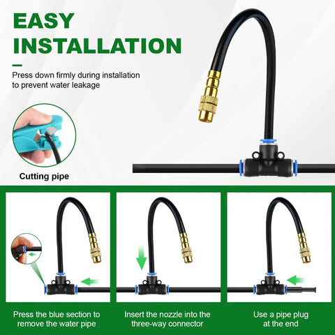 Easy installation steps for All In One Drip Irrigation Kit With 100 Foot One Quarter Inch Tubing And 30 Brass Nozzles, 360 Degree Adjustable Misting For Greenhouse, Lawn And Patio Cooling, UV Resistant.