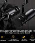 Dual Host Podcast Studio Bundle With USB-C Audio Interface Mixer And 2 XLR Dynamic Mics, close-up of XLR mics with metal body