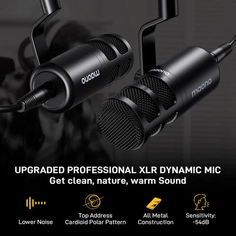 Dual Host Podcast Studio Bundle With USB-C Audio Interface Mixer And 2 XLR Dynamic Mics, close-up of XLR mics with metal body