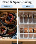 Hella Convenient Belt Organizer 2 Pack With Smart Drawer Compartments For Closet Storage, clear acrylic bins holding belts neatly organized.