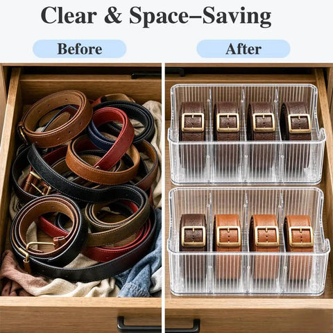 Hella Convenient Belt Organizer 2 Pack With Smart Drawer Compartments For Closet Storage, clear acrylic bins holding belts neatly organized.