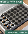 Neat 40 Pod Coffee Pod Organizer Drawer Tray for K Cup Keurig Pods, holding pods in kitchen drawer, enhances storage and organization.