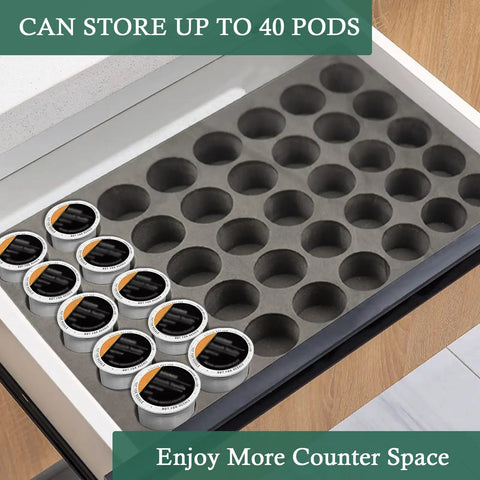Neat 40 Pod Coffee Pod Organizer Drawer Tray for K Cup Keurig Pods, holding pods in kitchen drawer, enhances storage and organization.