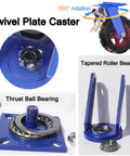 Heavy Duty Swivel Casters With Brakes Four Pack showing thrust ball bearing and tapered roller bearing for durability.